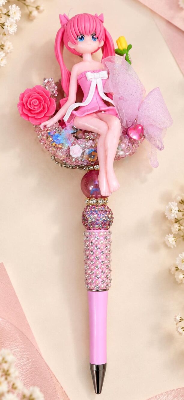 Pink Haired Doll Pen, Floral Rhinestone Beaded Pen